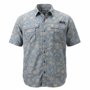 Columbia Men’s L Super Bahama Light Blue Tropical Fish Vented Short Sleeve Shirt